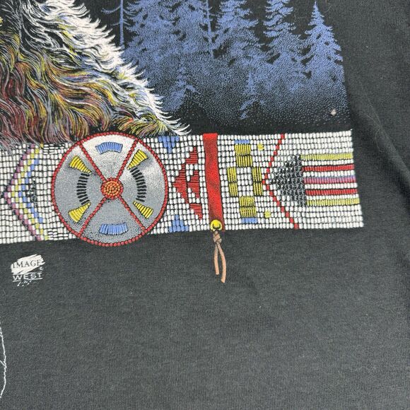 Vintage SS Wolf Native American Tee Shirt Men's XL Black Faded T-Shirt USA 90s - Picture 5 of 11